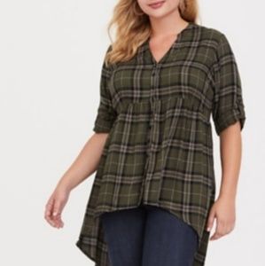 Torrid olive plaid 3/4 sleeve high-low blouse
